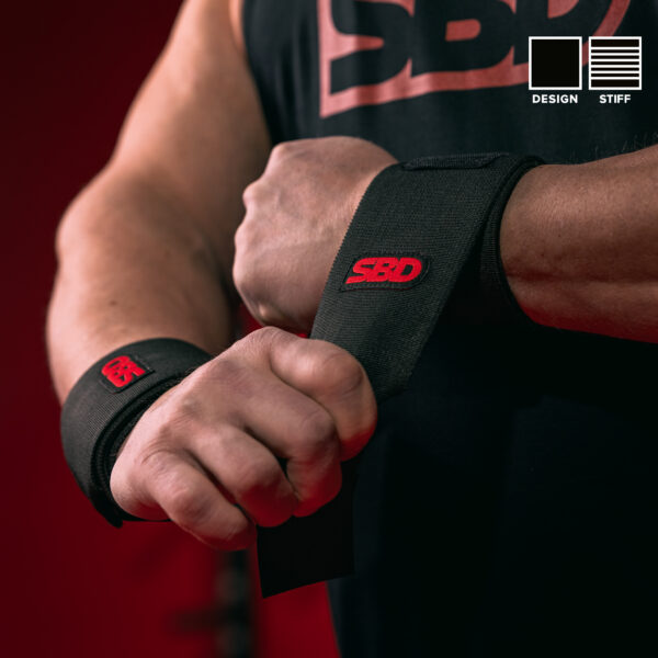 Bandes de poignets SBD noir et rouge pour musculation, powerlifting, strongman, streetlifting et crossfit