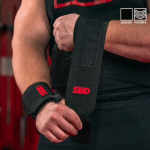 Bandes de poignets SBD noir et rouge pour musculation, powerlifting, strongman, streetlifting et crossfit