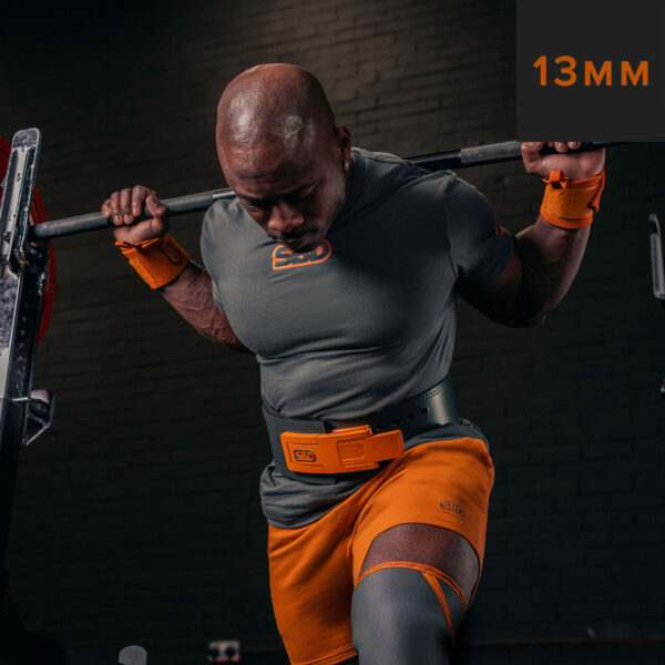 Ceinture de force SBD orange et gris en cuir pour crossfit, musculation, powerlifting, streetlifting et strongman